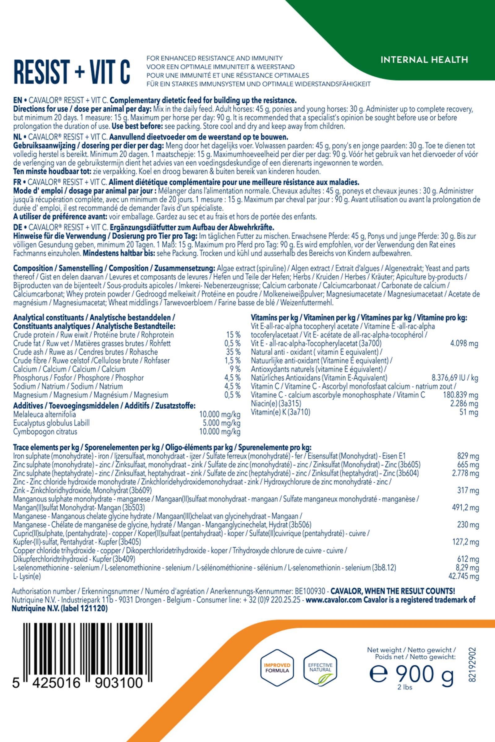 Cavalor Resist + Vit C, immuunij&auml;rjestelm&auml;lle, 900 g