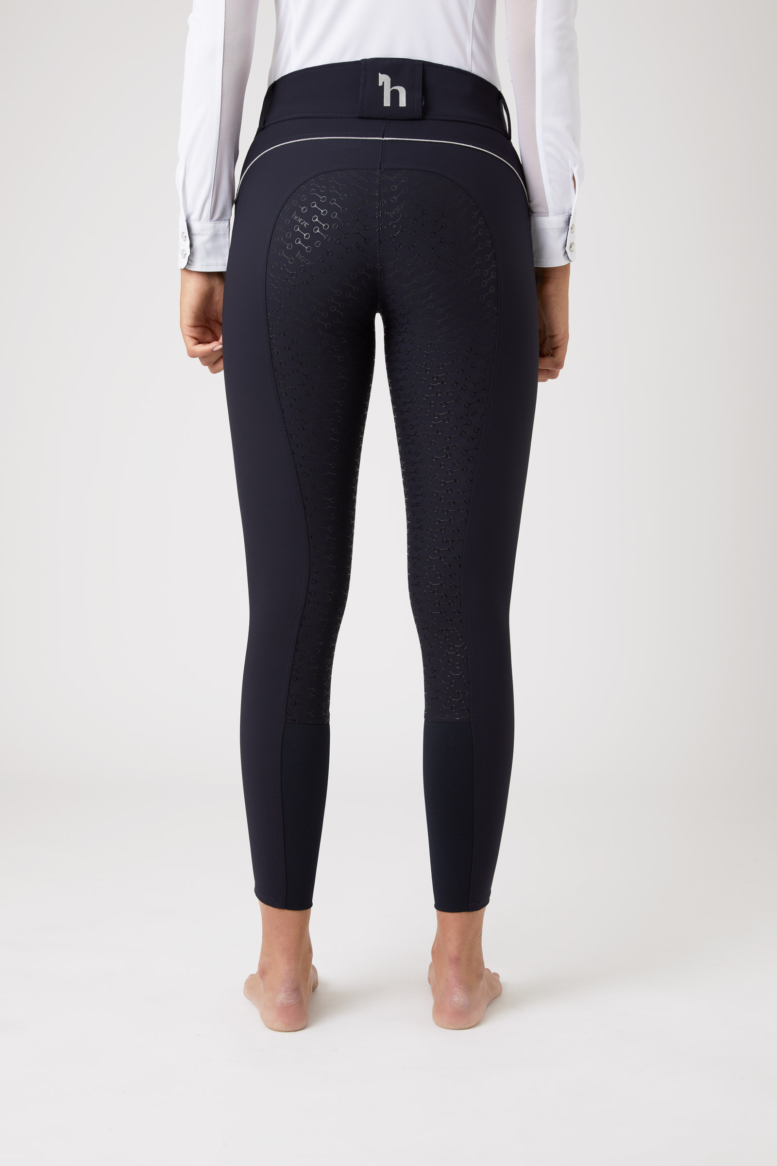 Horze Aubrey naisten ratsastushousut korkealla vy&ouml;t&auml;r&ouml;ll&auml; ja silikonipainatetuilla kokopaikoilla