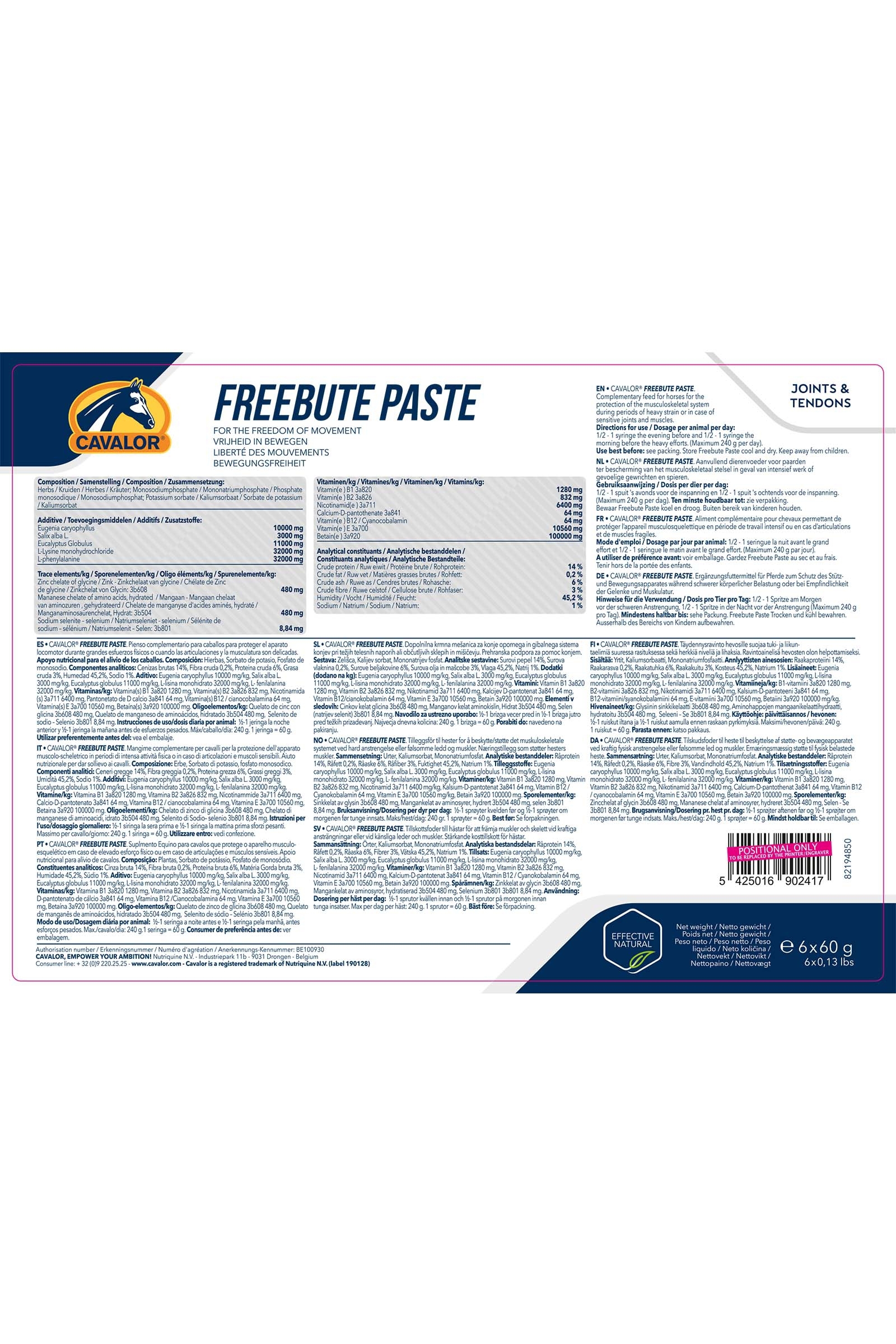 Cavalor Freebute Paste nivelille ja j&auml;nteille, 6 x 60 g