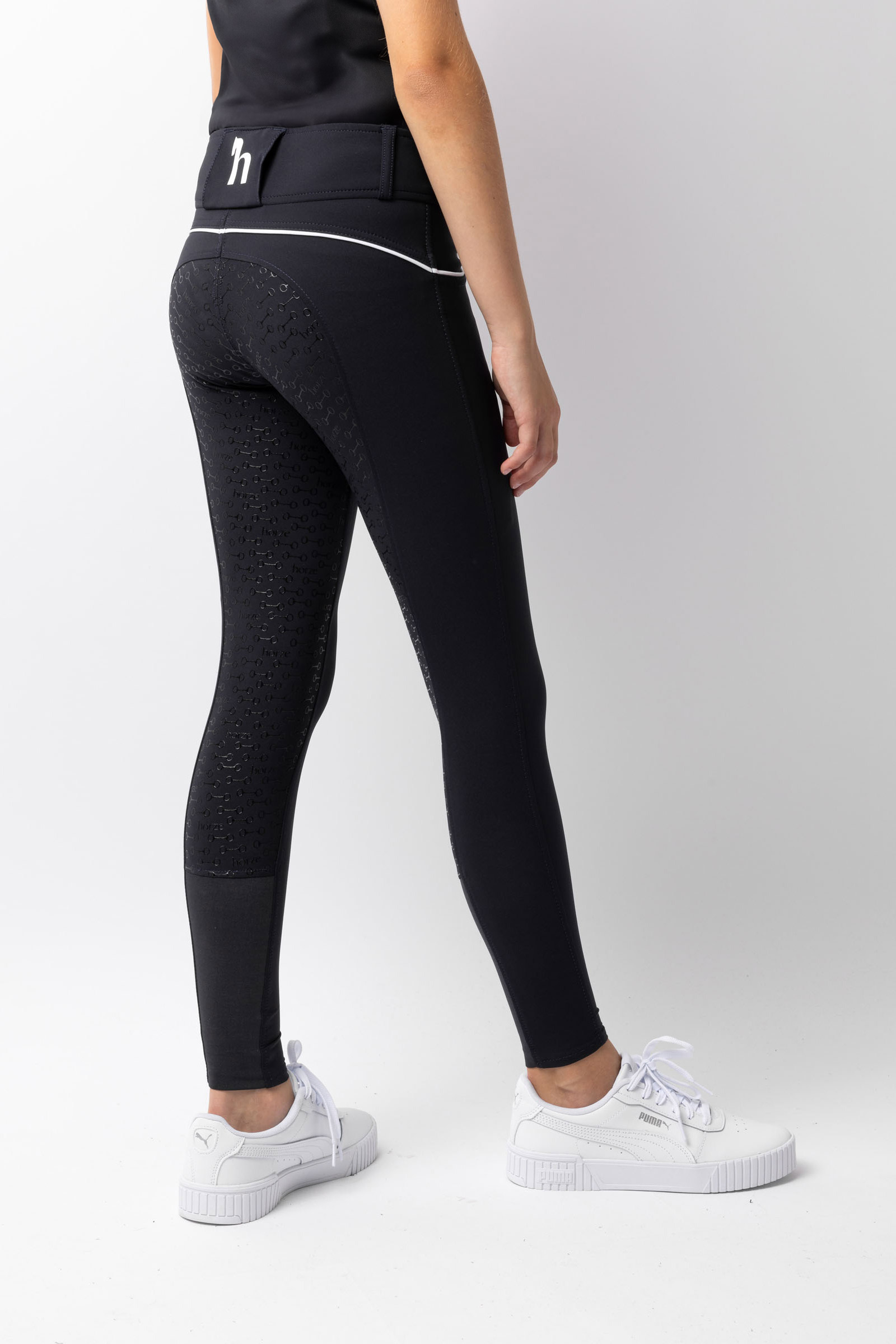 Horze Aubrey lasten ratsastushousut korkealla vyötäröllä ja silikonipainatetuilla kokopaikoilla