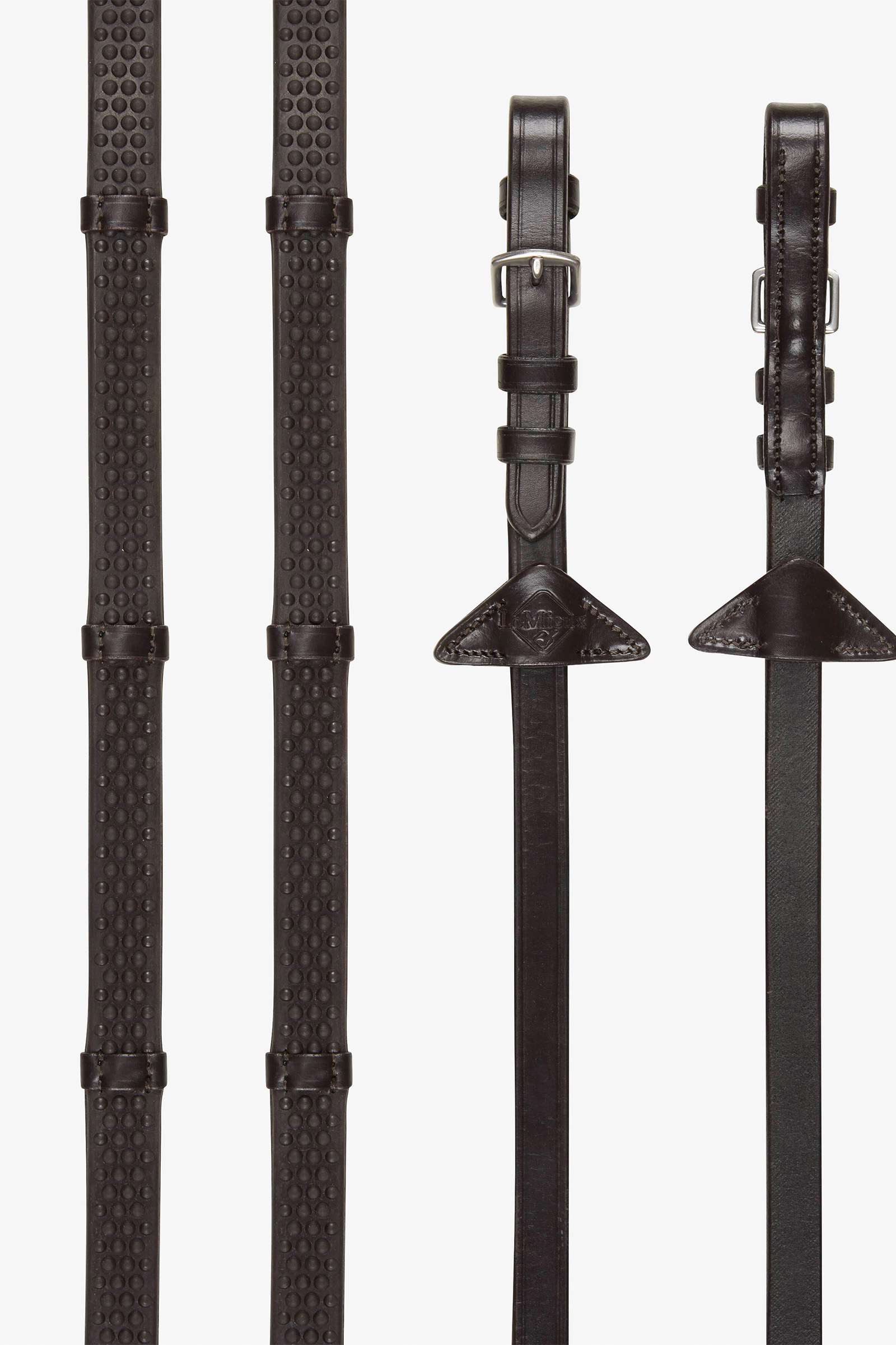 Brown/Brass LeMieux Soft Rubber pehmeät kumiohjat stoppareilla